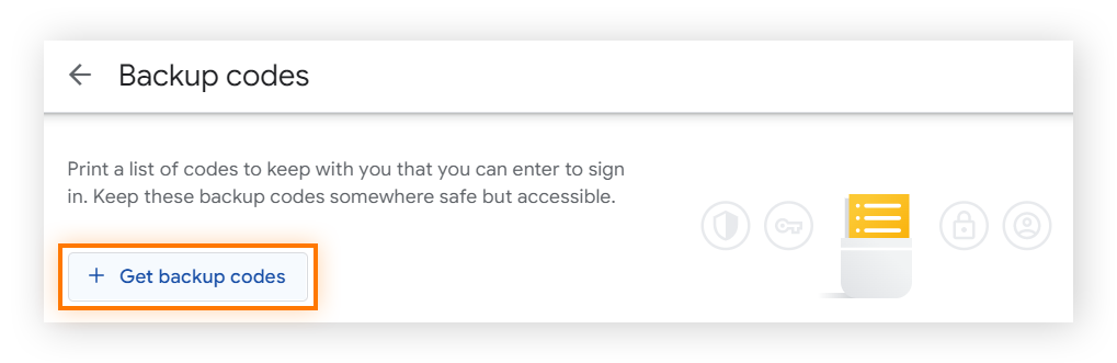 Google 帐户的双重验证区域中的备份代码画面