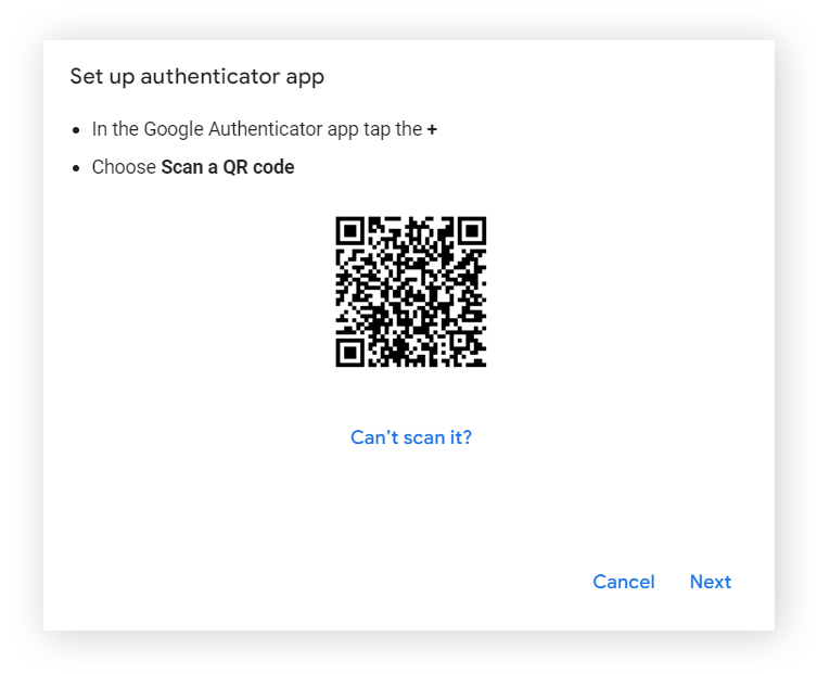 设置 Google 认证器的 QR 码画面