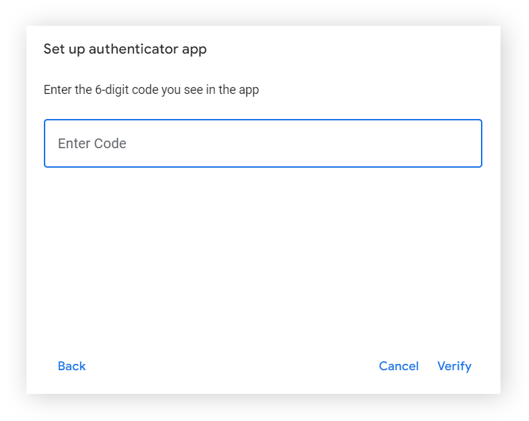 输入 Google 认证器应用程式中的代码的画面