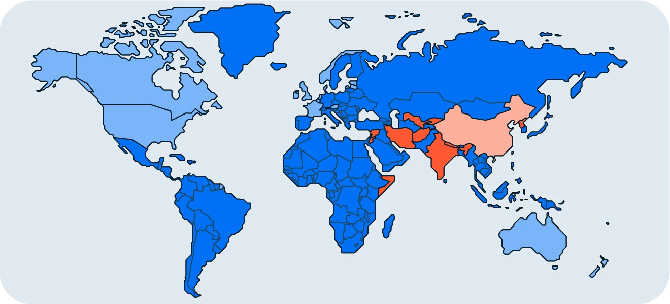禁止或限制 TikTok 的国家。